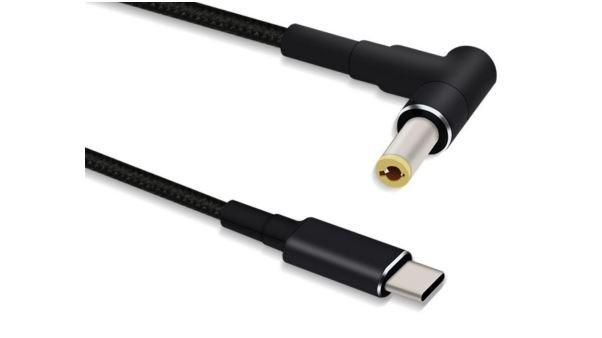 Black Microconnect USBC-DC-5A-20V cable gender changer featuring a right-angle 5.5mm x 2.5mm barrel connector and a USB-C connector with a durable, flexible design.