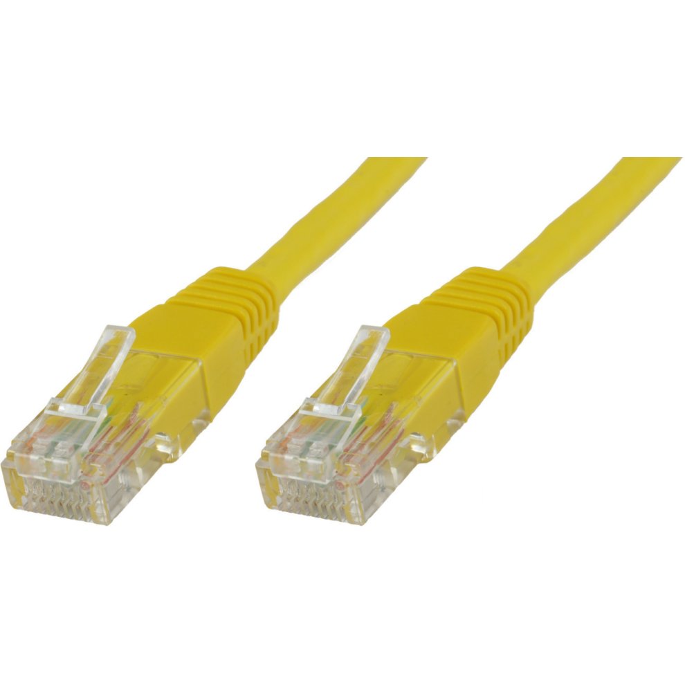 Yellow 15-meter Cat5e U/UTP networking cable with transparent connectors, featuring a durable plastic exterior and standard Ethernet design for reliable data transmission.