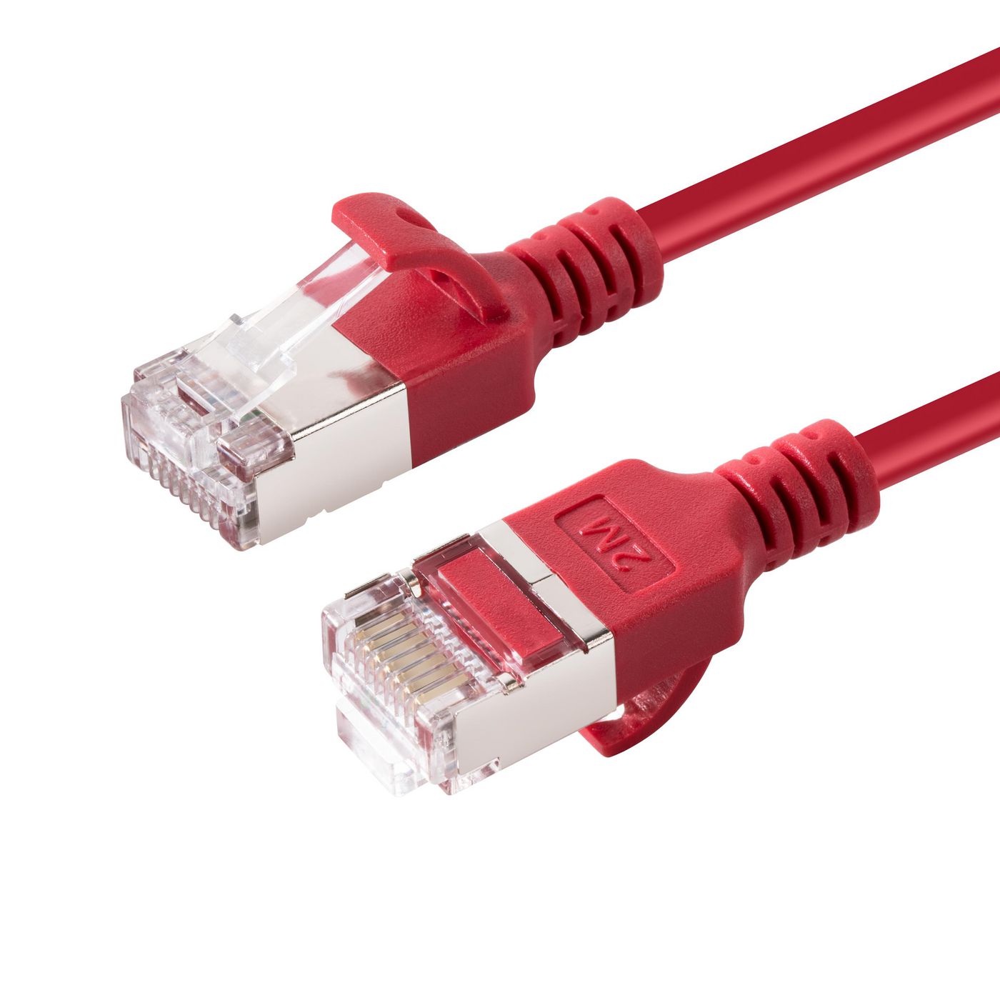 Red 3-meter Cat6a U/FTP networking cable with slim connectors, featuring transparent plastic ends and a flexible, durable design for efficient data transmission.