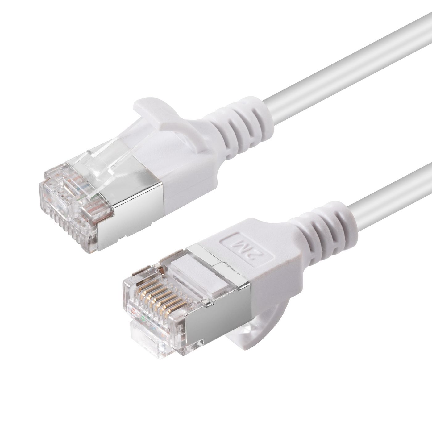 White 3-meter Cat6a U/FTP networking cable with slim design, featuring transparent connectors and metal shielding for enhanced performance.
