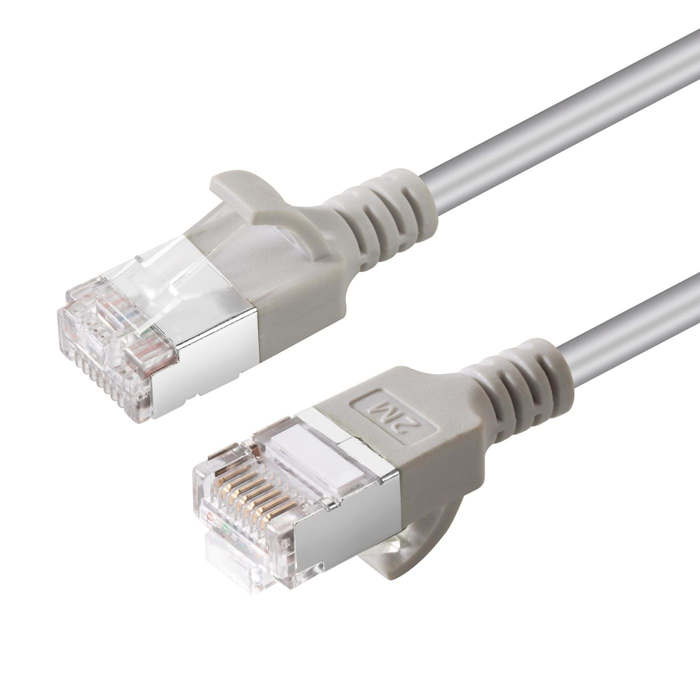 Grey 10-meter Cat6a U/FTP networking cable featuring slim design, transparent connectors, and a flexible exterior for easy installation.