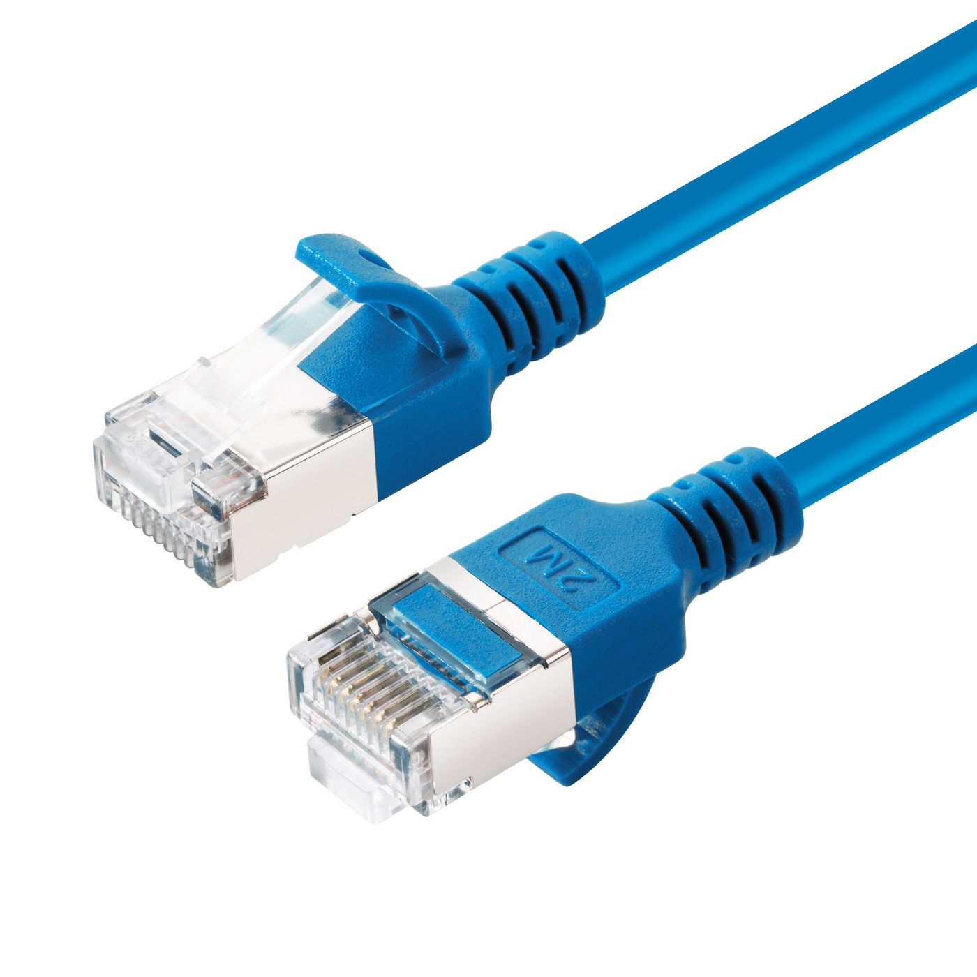 Blue Cat6a U/FTP networking cable, 10 meters long, featuring clear plastic connectors with metal shielding and a slim design for easy installation.