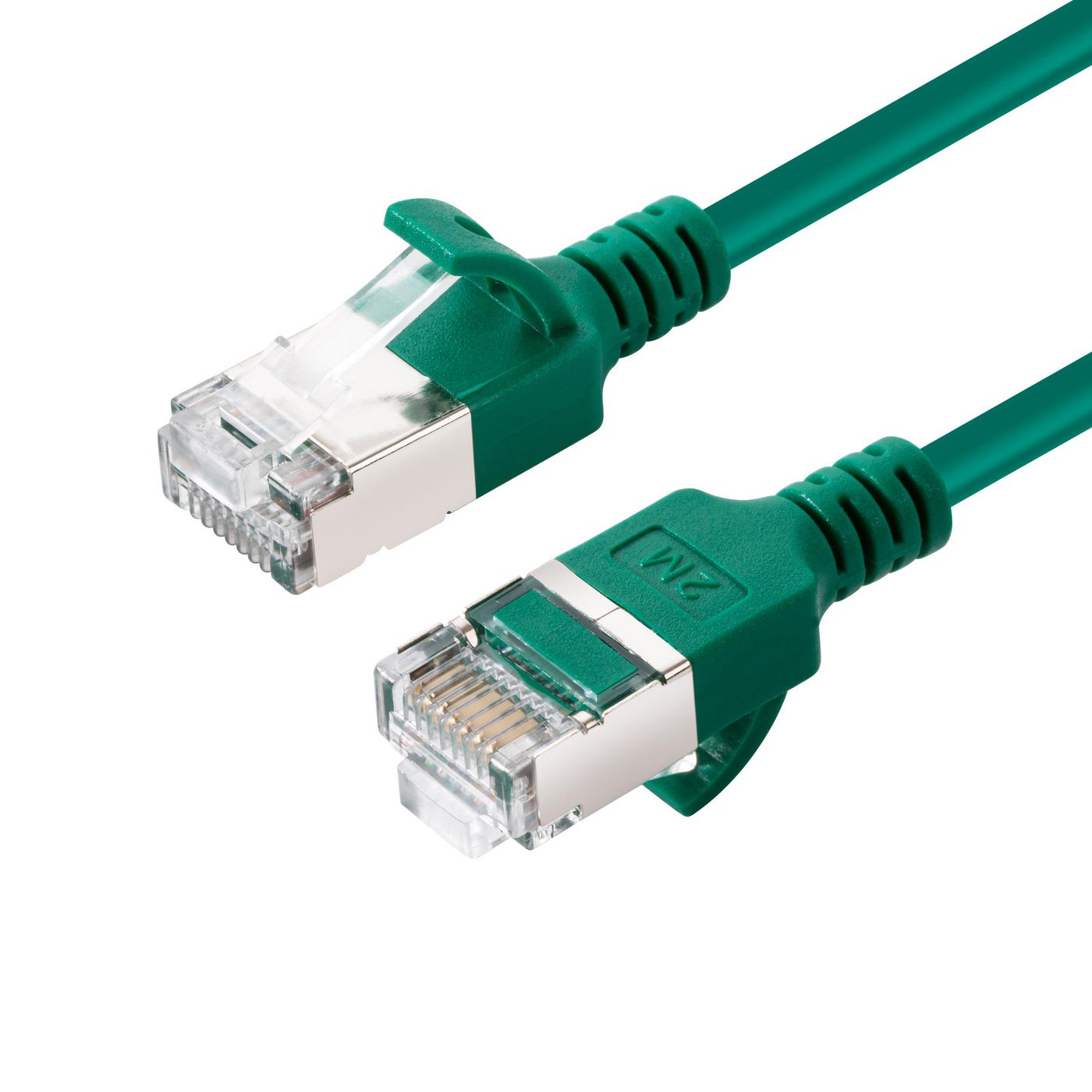 Green 10-meter Cat6a U/FTP networking cable featuring clear plastic connectors and a slim design, ideal for high-speed data transmission.