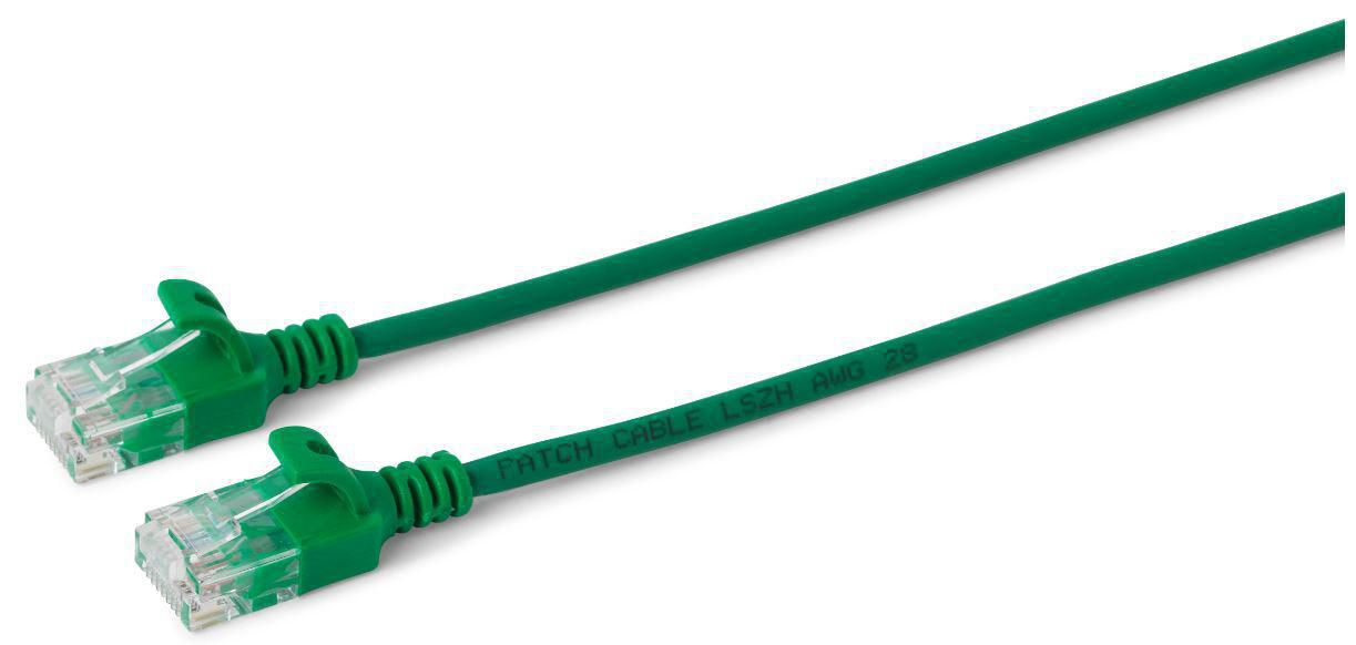 Green 0.15 m Cat6 U/UTP networking cable with transparent connectors, featuring a slim design and labeled as "PATCH CABLE LSZH AWG 28."