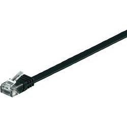 Black 0.5-meter Cat6 U/UTP networking cable with a flat design and clear plastic connector, ideal for high-speed data transmission.