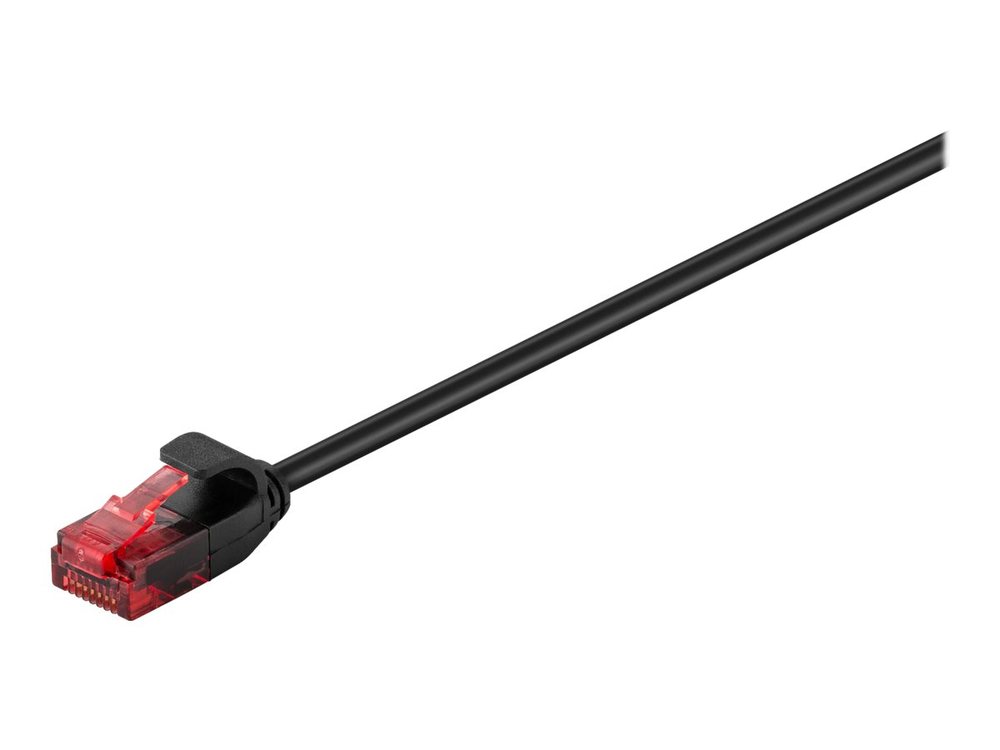 Black 3-meter Cat6 U/UTP networking cable with a slim design and a red connector at one end, featuring a standard RJ45 plug for reliable network connections.