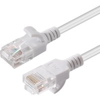 White Microconnect Cat6a U/U networking cable, 0.15m, with slim connectors and clear plastic RJ45 plugs.
