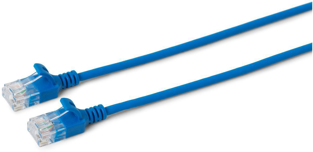 Blue Microconnect Cat6a networking cable, 0.25 meters long, featuring slim design with transparent connectors on both ends.