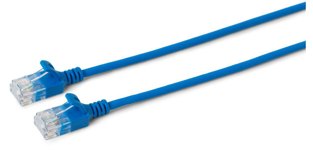 Blue 0.2 m Cat6a U/UTP networking cable with slim design, featuring clear plastic connectors on both ends for secure connections.