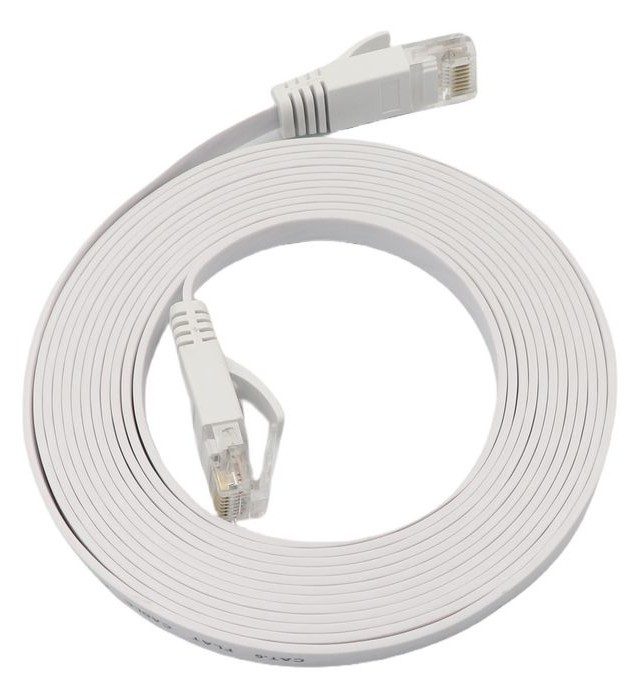 White flat networking cable, 1 meter long, featuring two RJ45 connectors, designed for Cat6a U/U use, made with LSZH material for reduced smoke emission.