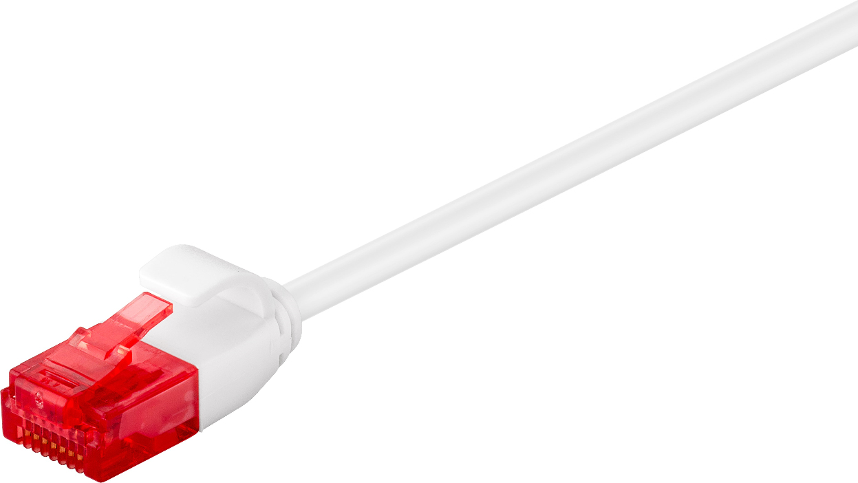 White networking cable with a slim design, 1 meter long, featuring a red plastic connector at one end, labeled as Microconnect V-UTP6A01W-SLIM, Cat6a U/UTP.