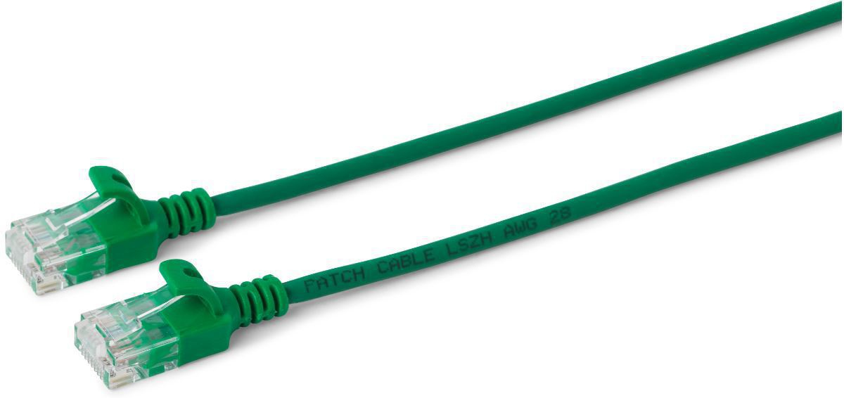 Green Cat6a networking cable, 5 meters long, featuring transparent connectors on both ends, with printed details on the cable indicating it is LSZH and AWG 28.