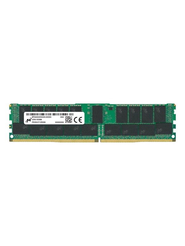 Micron MTA36ASF4G72PZ-3G2R memory module in green PCB with gold connectors, featuring a single 32 GB DDR4 chip, labeled with product information and certification marks.