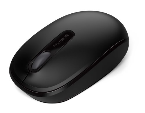 Black Microsoft 1850 ambidextrous RF wireless optical mouse featuring a smooth surface, a central scroll wheel, and a sleek, ergonomic design.