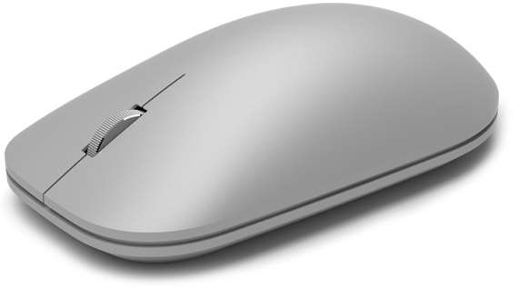 Wireless Bluetooth mouse in a sleek, matte silver finish, featuring a smooth surface, scroll wheel, and ergonomic design for comfortable use.