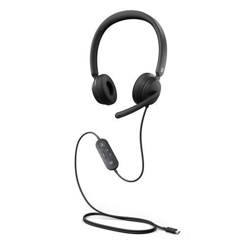 Black wired headset with a headband, cushioned ear cups, and a flexible boom microphone, featuring an in-line control with buttons for volume and mute, ending in a USB-C connector.