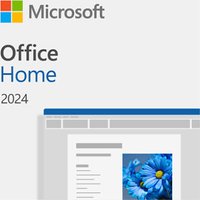 Microsoft Office Home 2024 software box with blue and gray design, featuring a document with blue flowers.