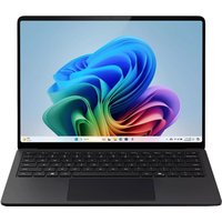 Black Microsoft Surface 7 laptop with 13.8-inch display, Windows 11 interface, and sleek keyboard design.