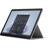 Microsoft Surface Go 4 tablet, 10.5-inch display, silver casing, kickstand, Windows interface on screen.