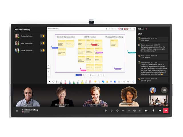 Microsoft Surface Hub 3 features a sleek black frame, 50-inch touchscreen display, and integrated camera, showcasing a collaborative digital workspace with charts and video participants.