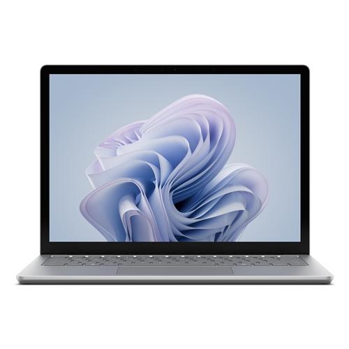 Silver Microsoft Surface Laptop 6 with a 13.5-inch touchscreen display, featuring a sleek design, a minimalist keyboard, and Windows 11 Pro interface on the screen.