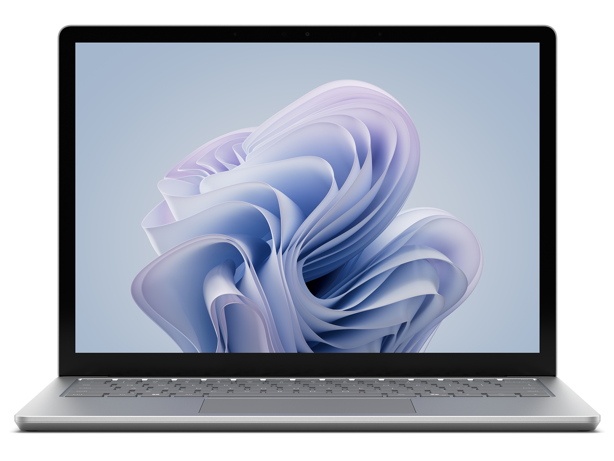 Silver Microsoft Surface Laptop 6 with a 13.5-inch touchscreen displaying a soft blue abstract wallpaper, featuring a sleek design and a modern keyboard layout.