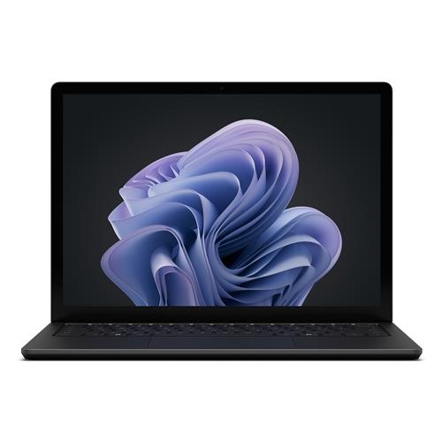 Sleek black Microsoft Surface Laptop 6 with a 13.5-inch touchscreen, featuring a modern design, illuminated keyboard, and Windows 11 Pro interface displayed on the screen.