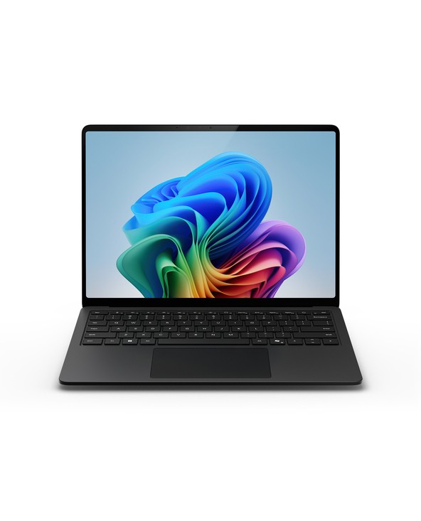 Sleek black Microsoft Surface Laptop 7 with a 13.8" touchscreen display showcasing vibrant colors, featuring a full keyboard and a modern design.