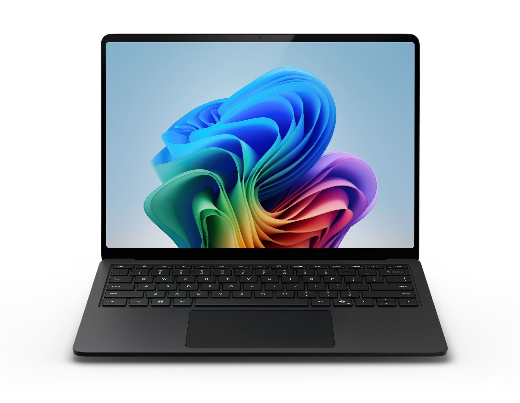 Sleek black Microsoft Surface Laptop 7 with a 13.8" touchscreen, featuring a vibrant abstract wallpaper, a full keyboard, and a touchpad, showcasing a modern design.