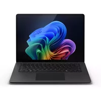 Black Microsoft Surface Laptop 7 with 15" touchscreen, sleek design, backlit keyboard, and vibrant display.