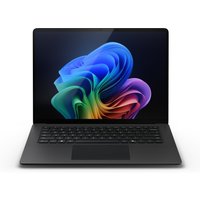 Black Microsoft Surface Laptop 7 with colorful screen display, sleek design, and backlit keyboard.