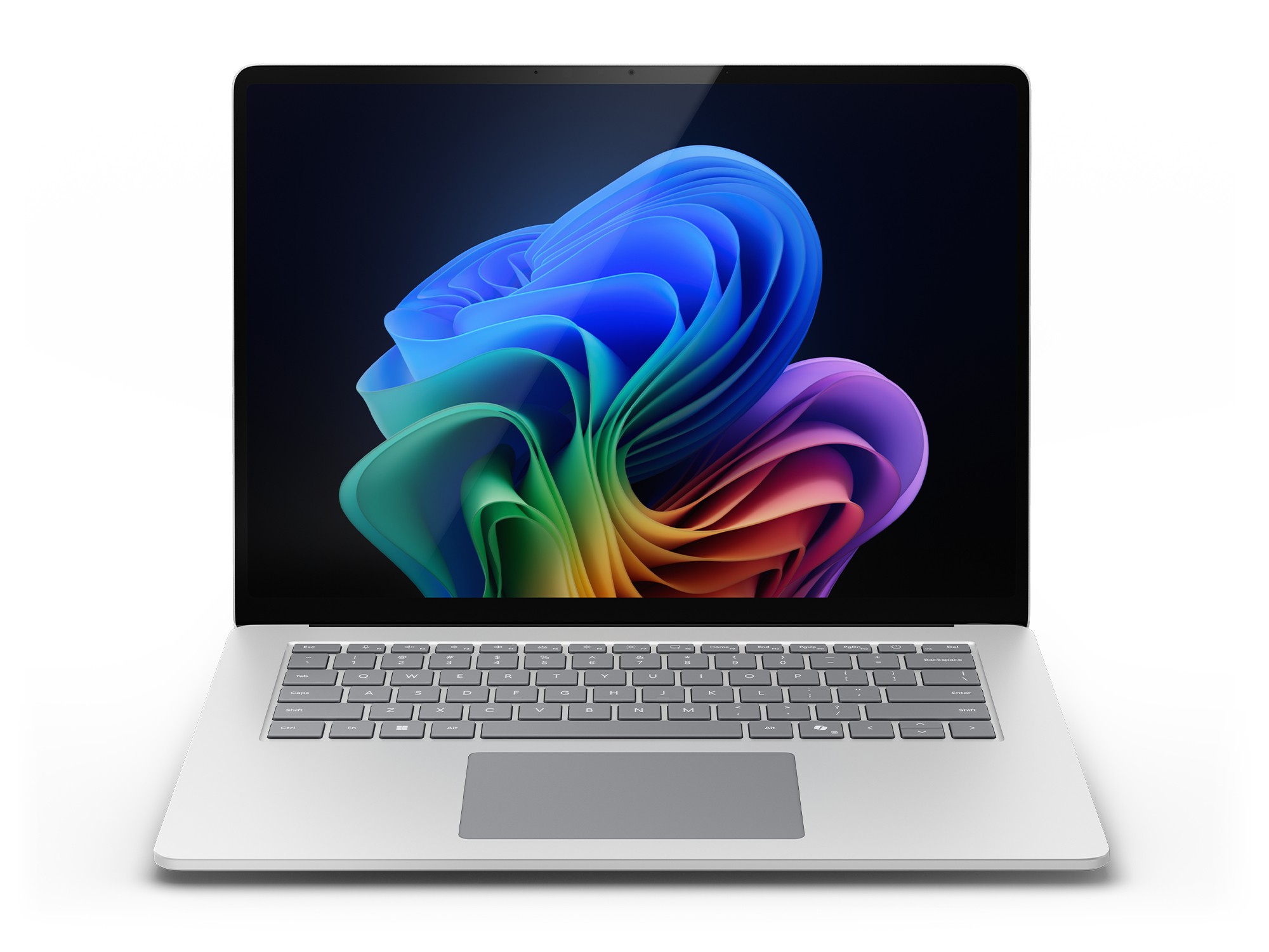 Sleek silver Microsoft Surface Laptop 7 with a 15-inch touchscreen, featuring a vibrant abstract wallpaper, a full keyboard, and a trackpad.
