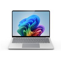 Silver Microsoft Surface Laptop 7 with Intel processor, sleek design, and vibrant screen displaying colorful abstract pattern.