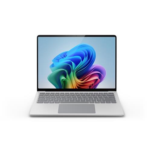 Silver Microsoft Surface Laptop 7 with a 13.8-inch touchscreen, featuring a vibrant colorful display, a sleek design, and a full keyboard with a touchpad.