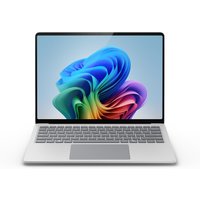 Silver Microsoft Surface Laptop 7 with thin bezels, large touchpad, and vibrant screen displaying colorful abstract design