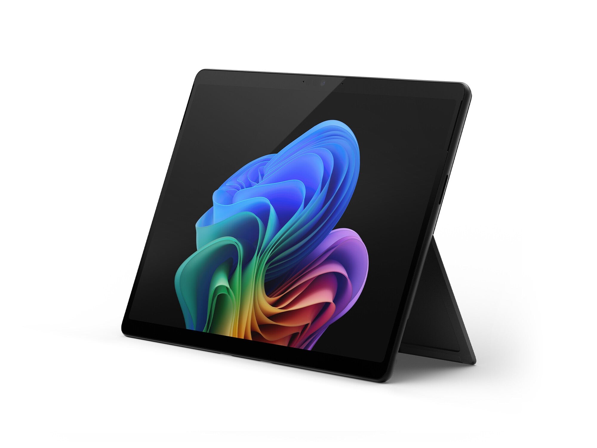 Microsoft Surface Pro 11 Copilot+ PC in black with a vibrant, colorful display, featuring a sleek design and a built-in kickstand, showcasing its Intel Core Ultra 5 and 256 GB storage.