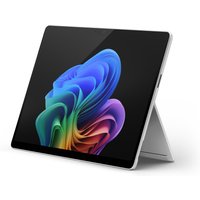 Microsoft Surface Pro 11 tablet with sleek silver design, black bezel, and vibrant display on a kickstand.