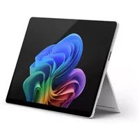 Platinum Microsoft Surface Pro 11 tablet with kickstand, black bezel, colorful screen display, sleek design.