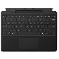 Black Microsoft Surface Pro Keyboard with pen storage slot and touchpad, featuring a full QWERTY layout.