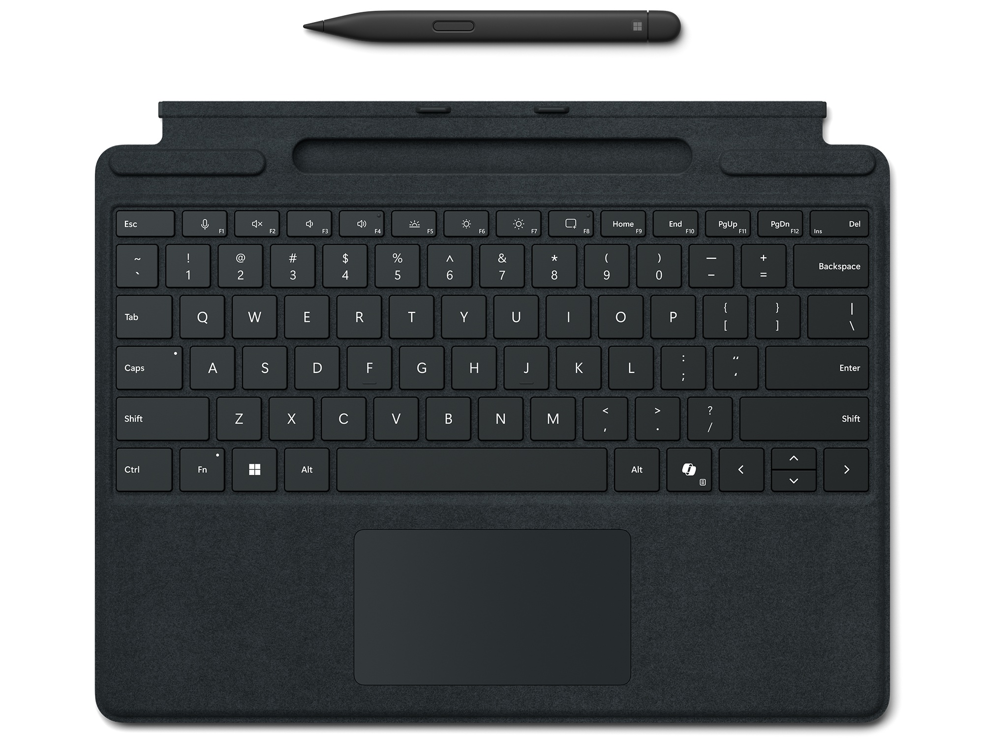 Black QWERTY keyboard with a textured surface, featuring a large touchpad and a slim black pen positioned above it, designed for Microsoft Surface Pro devices.