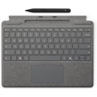 Gray Microsoft Surface Pro Keyboard with QWERTZ layout and matching Slim Pen, featuring a touchpad and fabric finish.
