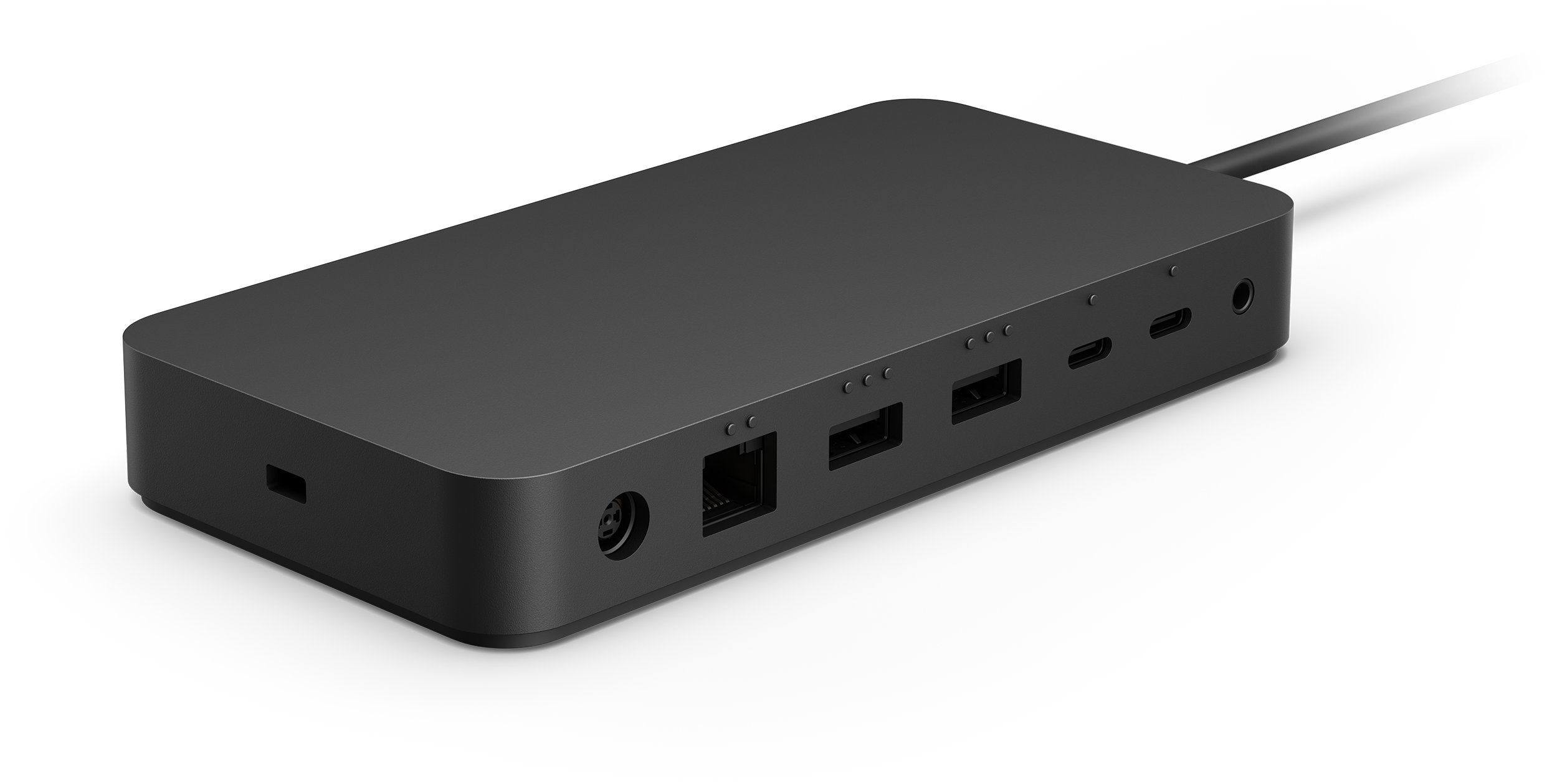 Black Microsoft Surface Thunderbolt 4 Dock features a sleek, rectangular design with multiple ports including USB-C, USB-A, Ethernet, and a power connector.