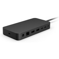 Black Microsoft Surface Thunderbolt 4 Dock with multiple ports and sleek rectangular design.