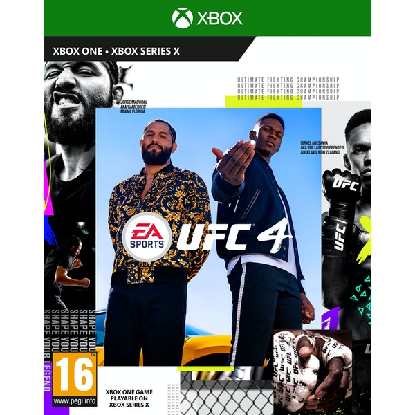 UFC 4 Xbox One game cover featuring two fighters in stylish outfits, with a bold EA Sports logo and vibrant graphics highlighting the Ultimate Fighting Championship.