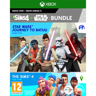 The bundle features vibrant artwork with characters from The Sims 4 and Star Wars, including a stormtrooper and figures wielding colored lightsabers, set against a desert backdrop.