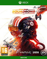 Star Wars: Squadrons game cover featuring a pilot in an orange flight suit and helmet, with TIE fighters and X-wing starships in a dynamic space battle scene, set against a vibrant background.