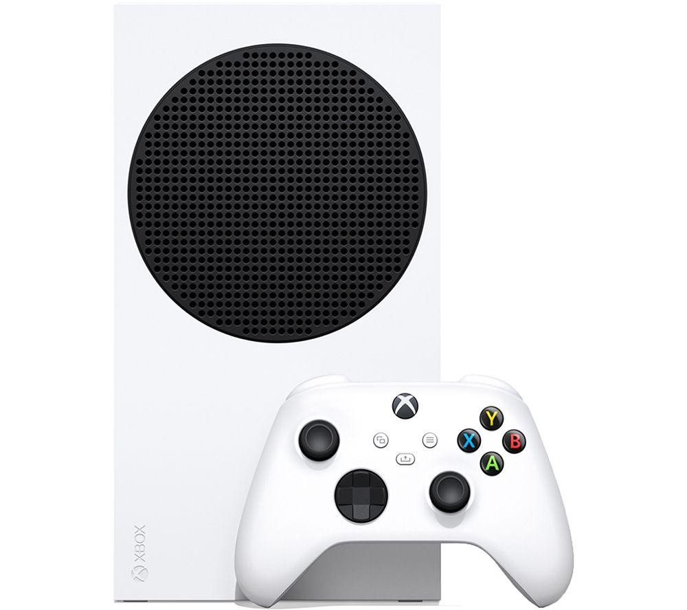 White Xbox Series S console with a black circular vent, accompanied by a matching white controller featuring colored buttons and a sleek design.