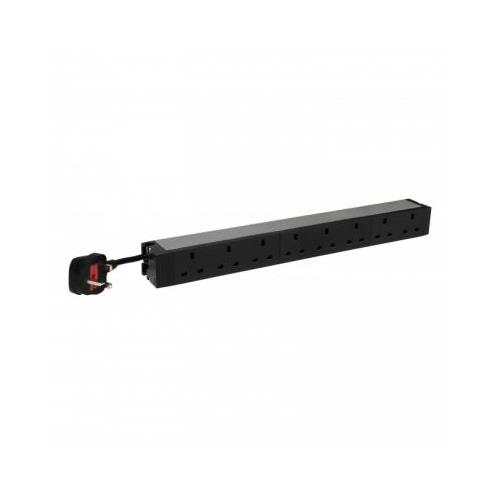 Black power distribution unit with eight AC outlets, featuring a sturdy metal casing and a power cord with a plug on one end.