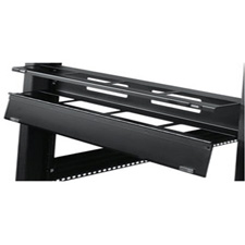 Black hinged horizontal cable manager with a sleek design, featuring multiple cable slots and a sturdy metal construction, ideal for organizing cables in rack systems.