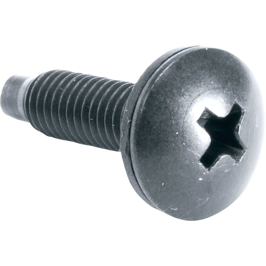Black 10-32 rack screw with a round head and a cross slot, designed for secure mounting, featuring a durable metal construction.